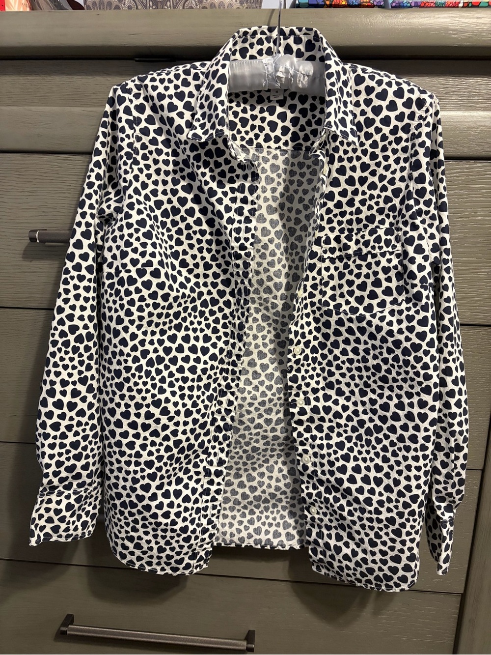 J. Crew White Button-Up Shirt with Navy Heart Print